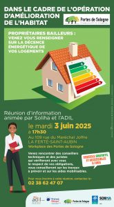 réunion d'information dans le cadre de l'opération d'amélioration de l'habitat le mardi 3 juin 2025 à 17h30 au 109 rue du Maréchel Joffre LA FERTÉ SAINT-AUBIN