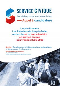appel à candidature pour  l'école primaire les raboliots de Jouy-le-Potier  recherche sa ou son volontaire en service civique pour l'année 2025-2026