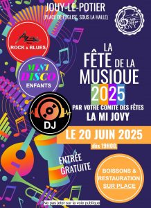 fête de la musique de jouy-le-potier le 20 juin 2025 à partir de 19 heures. Entrée gratuite.